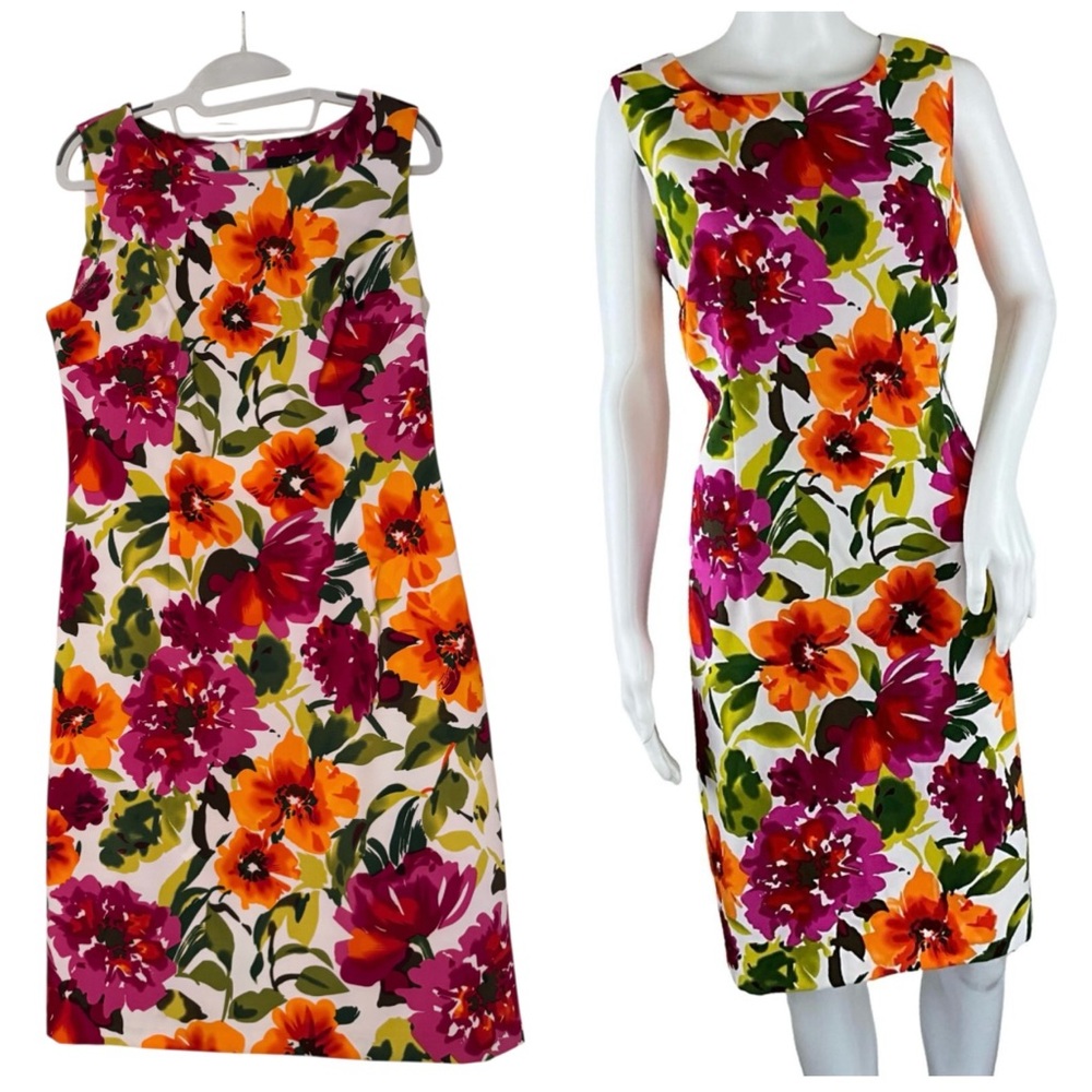 Ronni Nicole Cream Midi Sheath Dress with Pink & Orange Floral Print Size 10